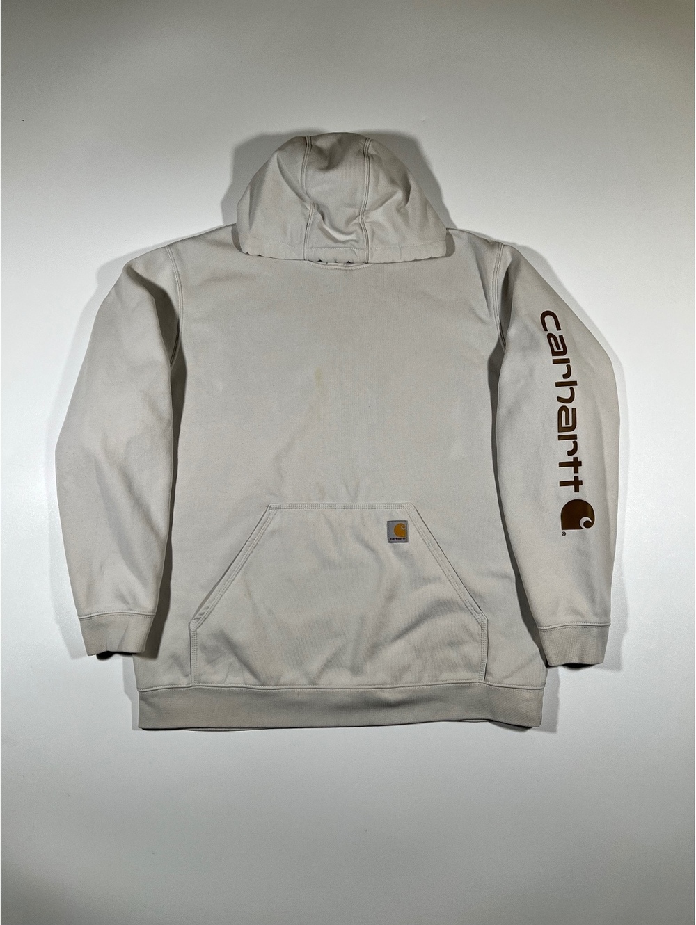 Carhartt Beige Loose Fit Pullover Hoodie Men's XL Sleeve Logo Workwear